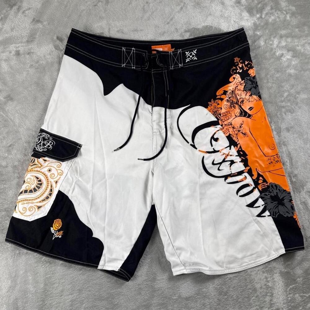 Oxbow Y2K Board Shorts Mens 36 Black White Orange Graphic Swim Surf Shorts
